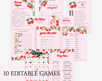 Kersenspelletjes babyshower | Sjabloon sjabloon voor babyshowerspel met kers op de taart | Bingo, raad de prijs, wie kent mama het beste, kinderliedje