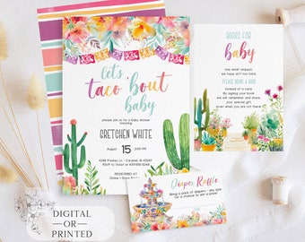 May include: A colorful invitation for a baby shower with a cactus and floral theme. The invitation says "Let's taco 'bout baby" and includes the name Gretchen White, the date August 15, and the time 2:00 PM. There is also a separate card that says "Books for baby" and asks guests to bring a book instead of a card.