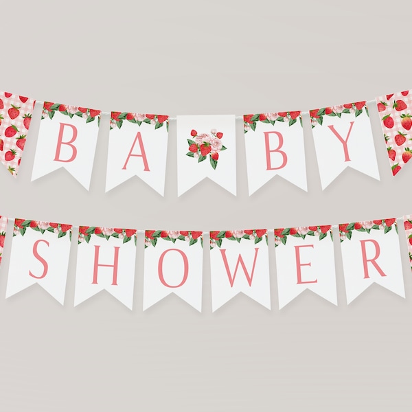 Strawberry Pink Floral Baby Shower Banner | Berry Sweet Baby Shower Bunting Banner | Self Edit Template | Printable Party Decorations