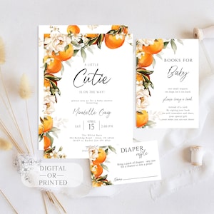 Editable Little Cutie is on the Way Invite | Greenery Orange Gender Neutral Couples Baby Shower Invitation Invite Template Instant Download