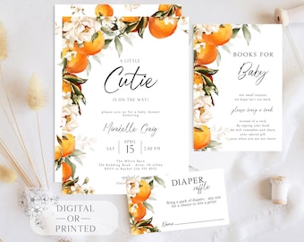 Editable Little Cutie is on the Way Invite | Greenery Orange Gender Neutral Couples Baby Shower Invitation Invite Template Instant Download