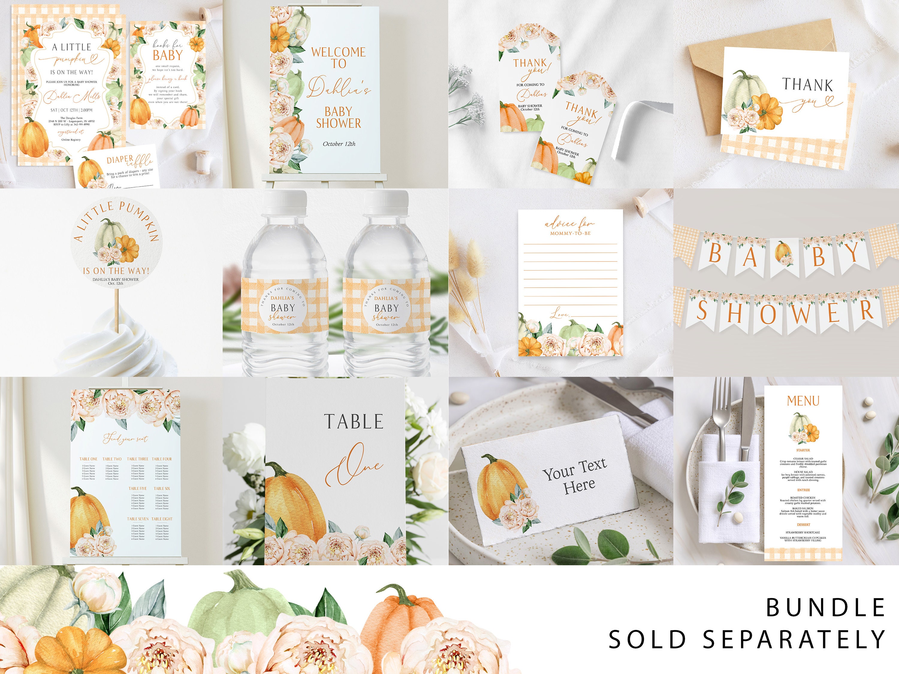 Editable Little Pumpkin Baby Shower Sign Set | Fall Orange Floral