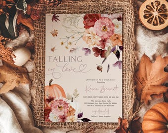 Bridal Shower Invitation for Fall, Floral Pumpkin Bridal Party Invite, Fall in Love Couples Shower, Boho Autumn Themed Printable Template