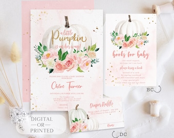 Editable Pumpkin Baby Shower Invitation | Floral Pink Gold Girl little Pumpkin Shower Invite | Fall Autumn Instant Download Template