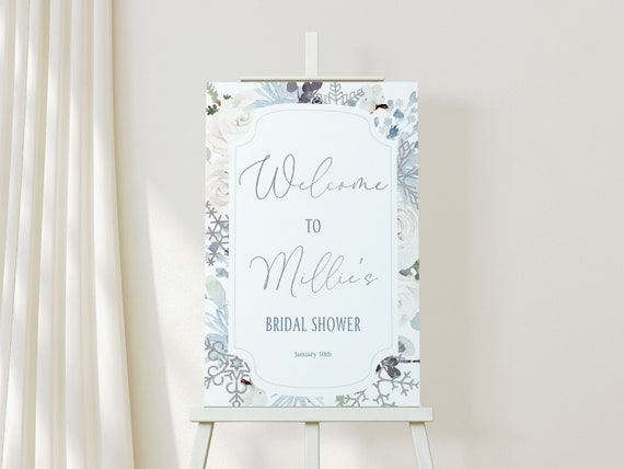 Snow in Love Bridal Shower Welcome Sign | Blue Floral Winter Bridal Shower Party Sign | Snowflake Shower Easel Sign | Instant Edit Download