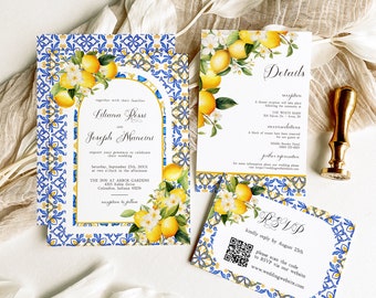 May include: Wedding invitation suite featuring a blue and white tiled pattern with lemon illustrations. The invitation reads "Liliana Rossi and Joseph Mancini" with the wedding date and location. The RSVP card includes a QR code and the text "kindly reply by August 25th".