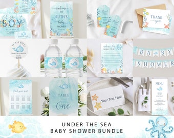 Under the Sea Baby Shower Invitation Bundle | Ocean Baby Shower Invitation | Cute Whale Invite | Diaper Raffle | Editable Template
