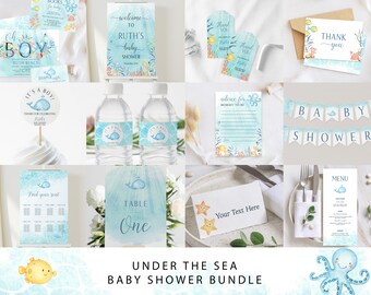 May include: Under the Sea baby shower party printable bundle with blue and yellow watercolor designs. Includes invitations, thank you cards, water bottle labels, table numbers, a menu, a seating chart, and a banner.