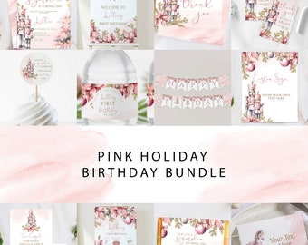 May include: Pink and gold printable party decorations for a first birthday party with a nutcracker theme. The set includes a welcome sign, thank you cards, a banner, cupcake toppers, water bottle labels, and favor tags. The design features a nutcracker, a castle, and a Christmas tree.
