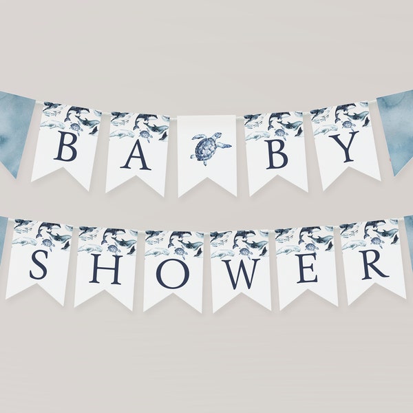 Bearbeitbares nautisches Ozean-Babyparty-Banner | Unter dem Meer Baby Shower Wimpelkette | Selbst bearbeiten Vorlage