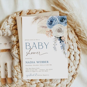 Editable Blue Pampas Grass Boy Boho Baby Shower Invitation | Boy Boho ...