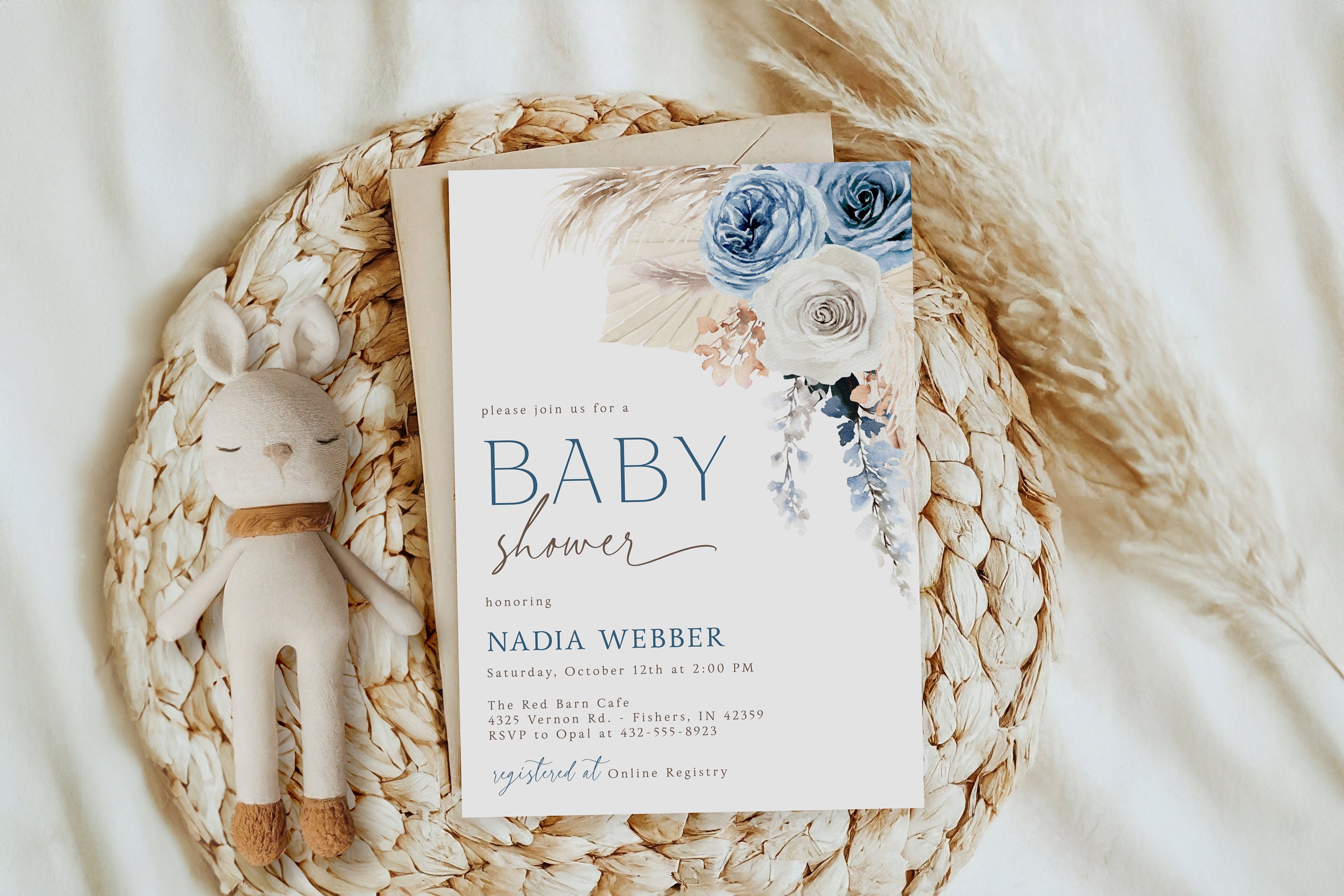 Editable Blue Pampas Grass Boy Boho Baby Shower Invitation | Boy Boho ...
