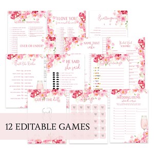 May include: Twelve printable bridal shower games with pink floral designs. The games include "Wedding Traditions", "Over or Under", "Will She Rather", "Guess the Dress", "He Said She Said", "Name That Cake", "Bride Bingo", "Bride Pictionary", "Scattergories", "Bridal Word Scramble", "Wedding Items Word Race", and "I Love You from Around the World".
