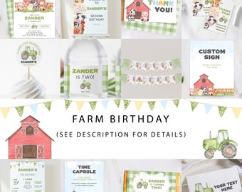 May include: Farm-themed birthday party printable set with a red barn, green tractor, and various animals. Includes a welcome sign, thank you cards, a banner, a time capsule, and a custom sign.
