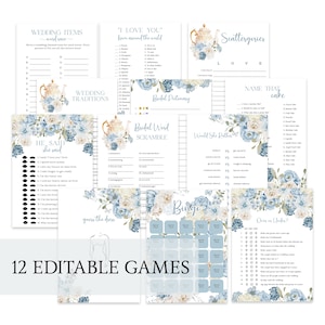 May include: Twelve printable bridal shower games with a blue and white floral theme. The games include "He Said She Said", "Wedding Items Word Race", "Wedding Traditions", "I Love You From Around the World", "Scattergories", "Bridal Word Scramble", "Would She Rather", "Name That Cake", "Guess the Dress", "Bingo", and "Over or Under?"