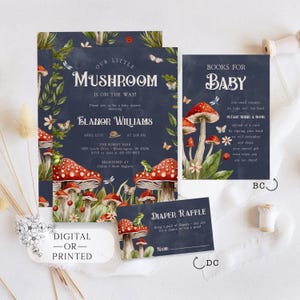May include: A blue invitation with mushroom illustrations for a baby shower. The invitation reads "Our Little Mushroom is on the Way!" and includes the name "Elanor Williams". There are also cards for a diaper raffle and a book request for the baby.