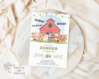 Editable Farm Yard Kids Birthday Invitation | Barn Animals Bday Invite | Gender Neutral | Tractor, Cows, Horses Digital or Printed Template