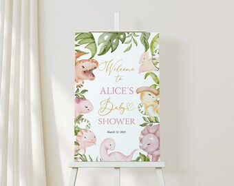 Könnte beinhalten: Ein weißes Babyparty-Schild mit rosa und grünen Aquarell-Dinosauriern und Blättern. Der Text lautet "Willkommen zur Babyparty von Alice am 12. März 2023".