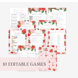 Editable Strawberry Baby Shower Game Bundle | Game Set | Self Edit Template | Bingo, Guess the Price, Who Knows Mommy Best, Nursery Rhyme