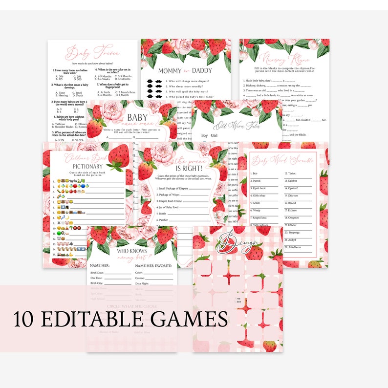 Op de afbeelding: Een verzameling van tien bewerkbare babyshower spellen. De spellen hebben een aardbei- en bloemenontwerp met roze en rode accenten. De tekst bevat speltitels zoals "Baby Trivia" en "Mommy and Daddy".