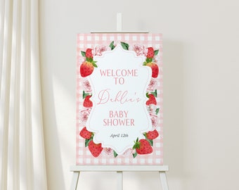 Aardbei roze bloemen baby shower welkom teken | Baby shower partij decor teken | Sjabloon voor zelfbewerking