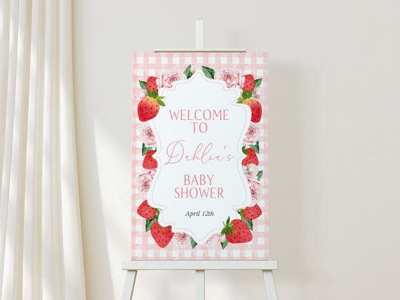 Strawberry Pink Floral Baby Shower Welcome Sign | Baby Shower Party Decor Sign | Self Edit Template