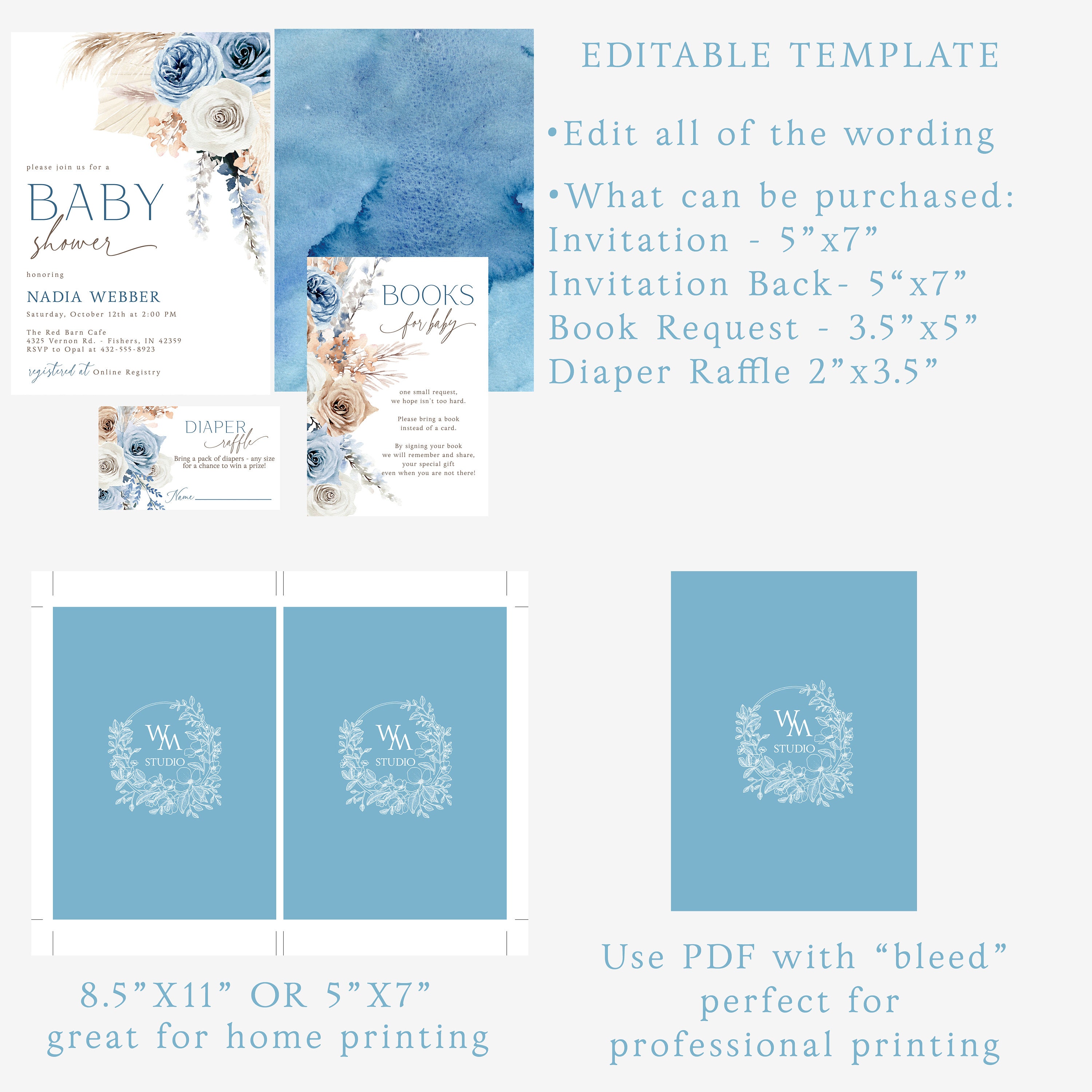 Editable Blue Pampas Grass Boy Boho Baby Shower Invitation | Boy Boho ...