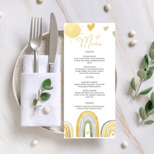 Edytowalne menu na baby shower Little Sunshine | Menu na boho rainbow baby brunch | Szablon do samodzielnej edycji