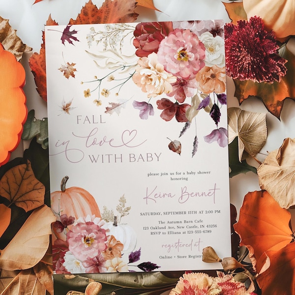 Editable Baby Shower Invitation for Fall, Autumn Pumpkin Baby Shower Invite, Fall in Love with Baby Digital or Printed Template Set