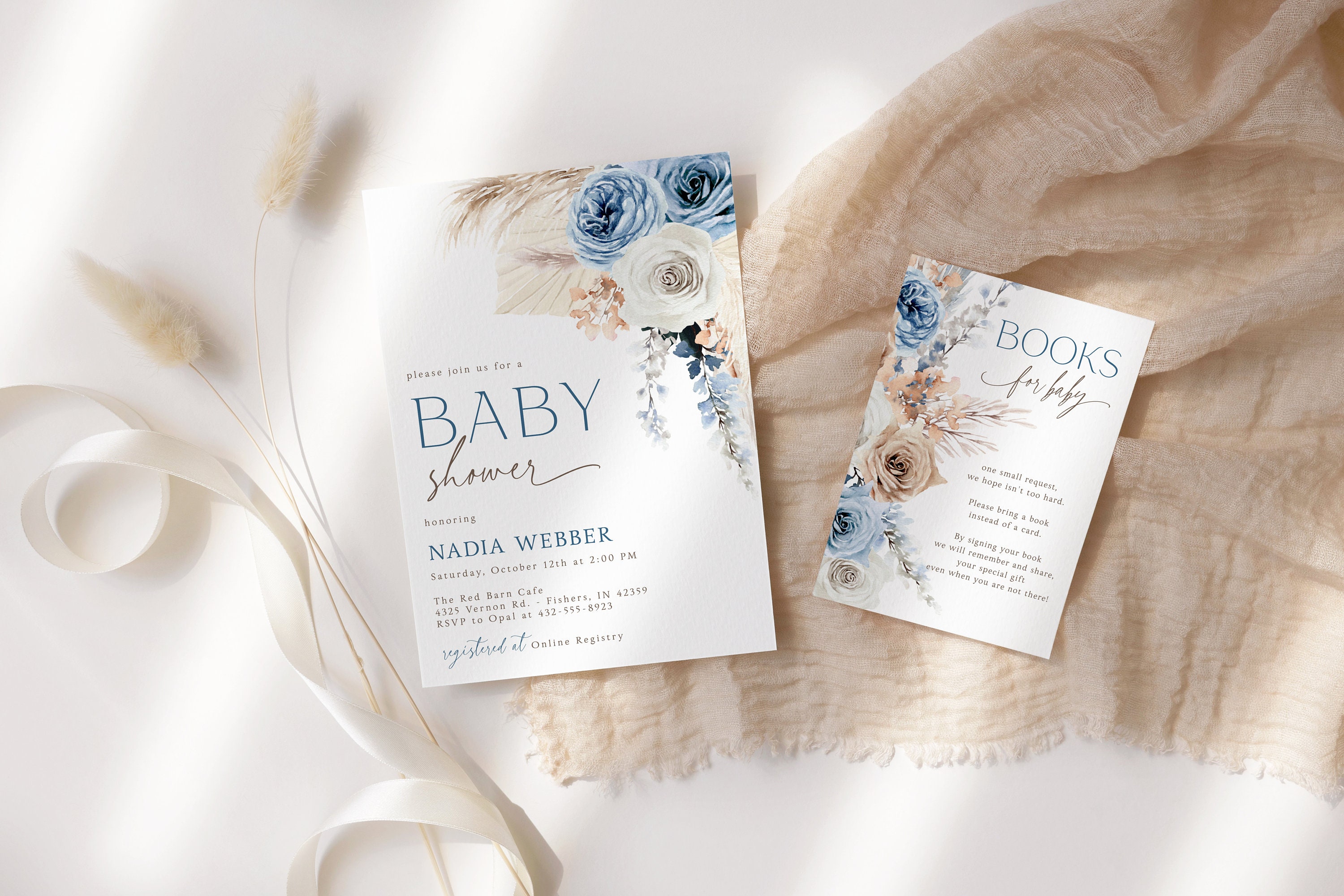 Editable Blue Pampas Grass Boy Boho Baby Shower Invitation | Boy Boho ...