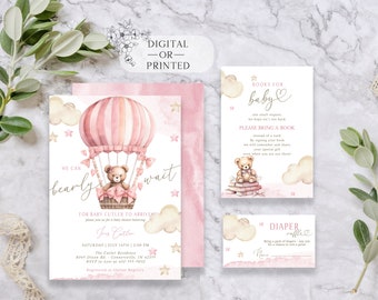 Editable Teddy Bear Hot Air Balloon Baby Shower Invitation | Pink Girl Baby Shower Invite | We Can Bearly Wait I Printed or Digital Template