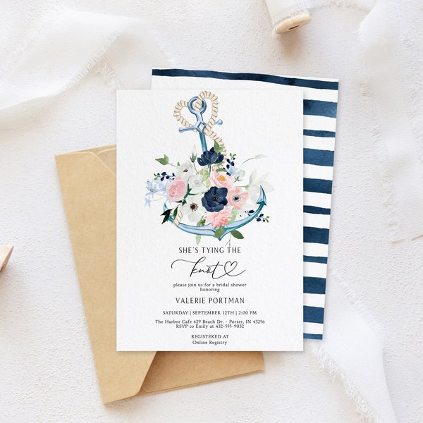 Tying the Knot Bridal Shower Invitation | Navy and Blush Floral Bridal Invite | Nautical Bridal Invite | Editable Wedding Shower Template