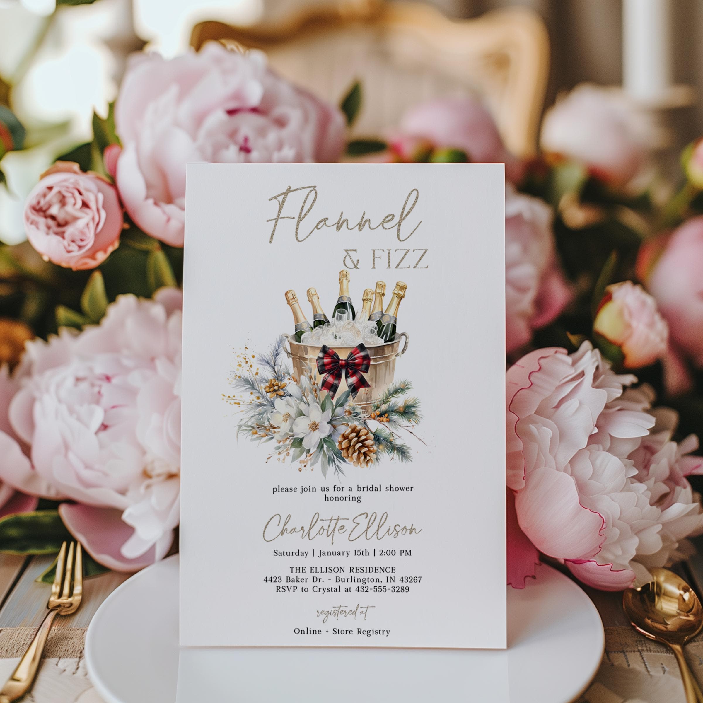 Flannel and Fizz Bridal Shower Invitation, Festive Plaid Bridal