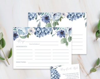 Editable Blue Hydrangea Bridal Shower Recipe Card | Something Blue Bridal Recipe Card and Request | Printable Kitchen Shower Recipe Cards