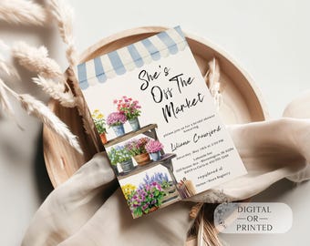 She's Off the Market Bridal Shower Invitation | Garden Floral Bridal Brunch Invite | French Blue Wedding Shower Template, Digital or Printed