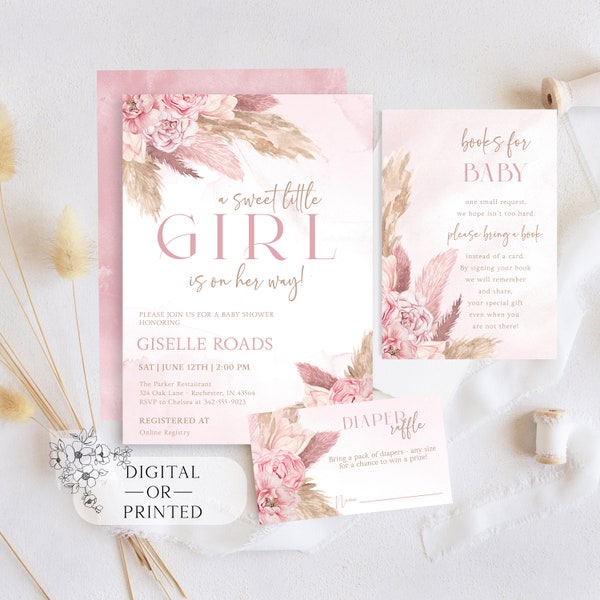 Editable Girl Pink Pampas Grass Boho Girl Baby Shower Invitation | Girl Boho Shower Invite Printable Template Instant Download