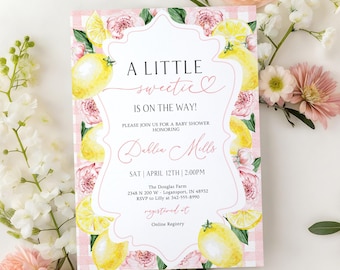 Editable Pink Lemon Theme Baby Shower Invitation for Girl,  Little Sweetie Invite Card Set