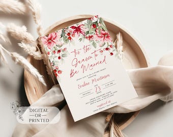 May include: A red and green floral design wedding shower invitation with the text "Tis the Season to Be Married" and the bride's name "Evaline Martinson". The invitation includes the date, time, and location of the shower.
