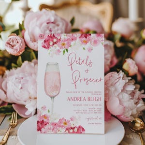 Petals and Prosecco Bridal Shower Invitation | Hot Pink Floral Bridal Invite | Brunch and Bubbly Invite | Editable Wedding Shower Template