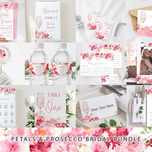 Petals and Prosecco Bridal Shower Bundle | Hot Pink Floral Bridal Brunch Invitation | Pastel Shower | Instant Download Template