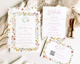 May include: A floral wedding invitation suite with a watercolor border of pink, yellow, and blue flowers. The invitation includes the couple's names, wedding date, time, and location. The RSVP card includes a QR code and the text "kindly reply by August 25th".