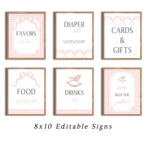 Bearbeitbar Rosa Mädchen Baby Shower Schild Set | Gingham Classic Baby Shower Zeichen druckbare Vorlage Sofort-Download