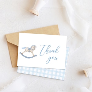 Carte de remerciement de baby shower de garçon de bleu de bébé de <br> Profitez-en ! Carte de remerciement Vichy Baby Shower | Shower de bébé classique du sud | Téléchargement modifiable instantané