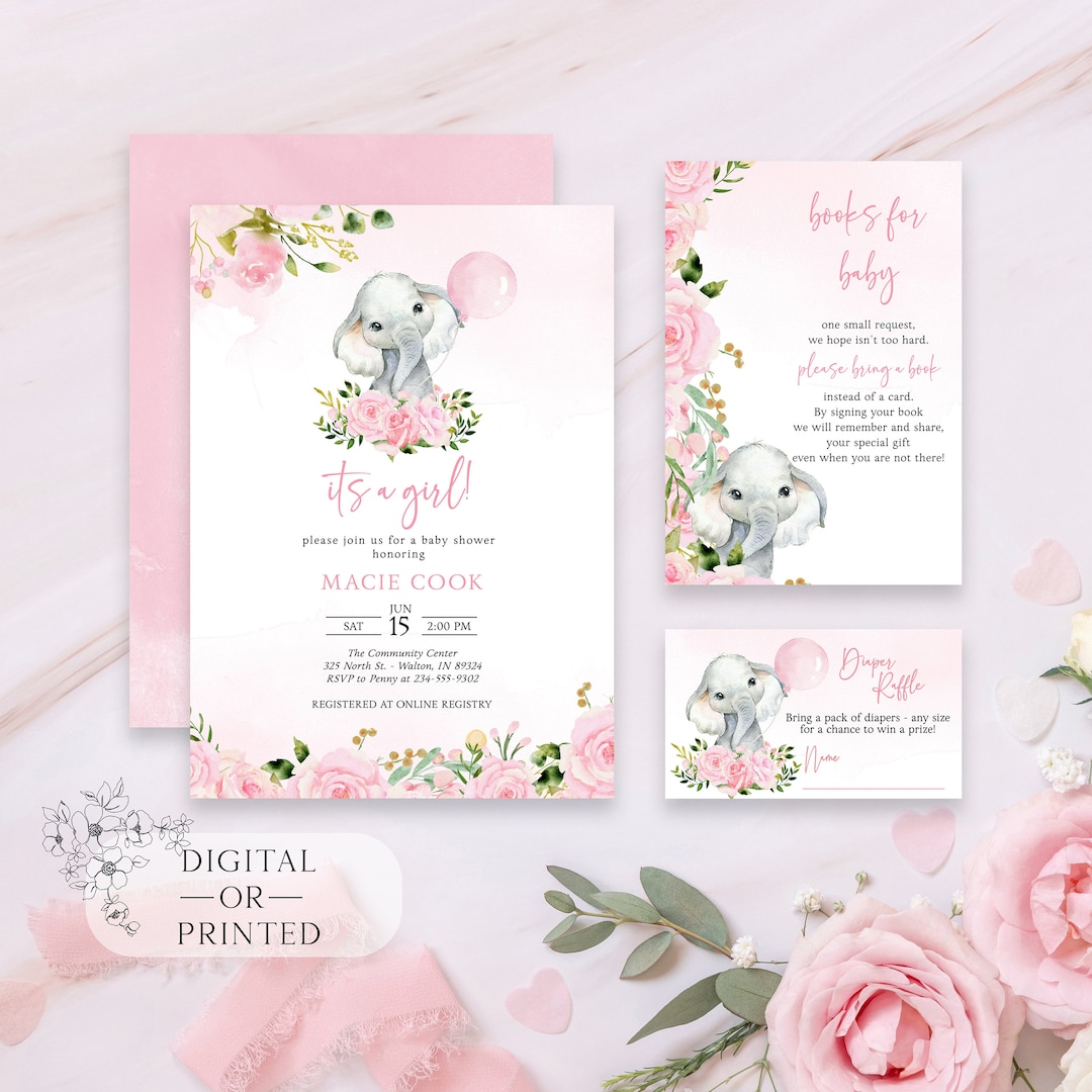 It's a Girl Pink Elephant Baby Shower Invitation Bundle | Printed or ...