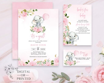 May include: Pink and green baby shower invitation with a cute elephant holding a pink balloon. The invitation says "It's a girl" and includes the name "Macie Cook".