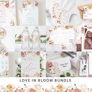 Love in Bloom Bridal Shower Bundle | Boho Pink Floral Bridal Shower Invitation | Thank You Card | Recipe Card | Instant Download Template