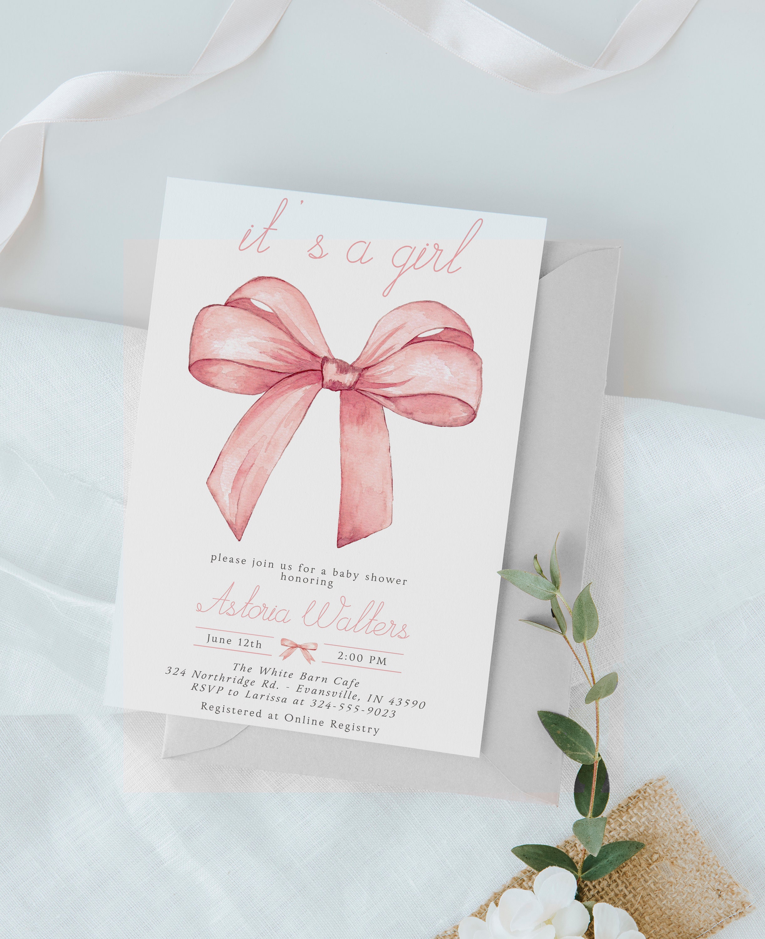 Editable Pink Bow Baby Shower Invitation Set, Baby Girl Shower, Baby ...