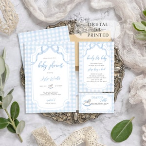 Baby Blue Boy Baby Shower Invite | Gingham Baby Shower Invitation Bundle | Classic Southern Baby Shower | Instant Editable Download