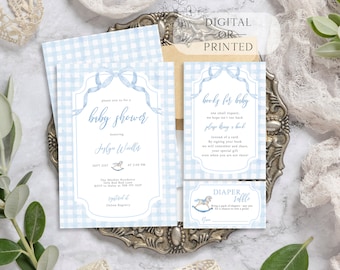 Baby Blue Boy Baby Shower Invite | Gingham Baby Shower Invitation Bundle | Classic Southern Baby Shower | Instant Editable Download