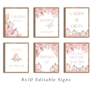 Bewerkbare meisje roze pompoen pampagras Boho meisje baby shower bord set | Meisje boho doucheborden afdrukbare sjabloon direct downloaden